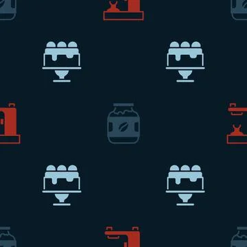 Set Coffee machine, jar bottle and Cake on seamless pattern. Vector イラスト素材