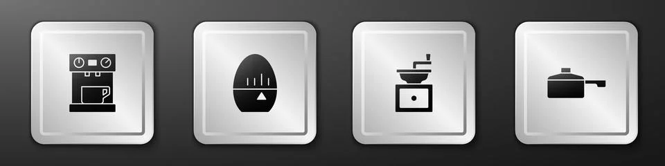 Set Coffee machine, Kitchen timer, Manual coffee grinder and Frying pan icon Stock Illustration