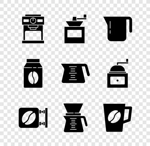 Set Coffee machine, Manual coffee grinder, pot, Street signboard, Pour over Ilustração Stock