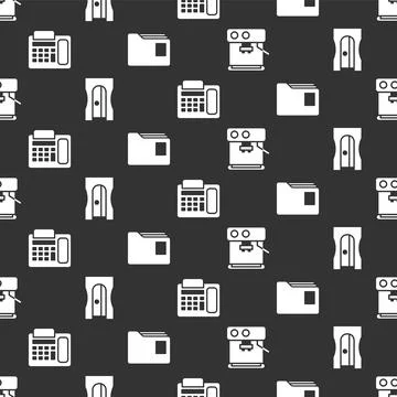 Set Coffee machine, Pencil sharpener, Telephone and Document folder on seamless Stock Illustration