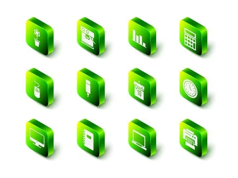 Set Coffee machine, Pie chart infographic, Calculator, Clock, Printer, Cale.. Illustrazione stock