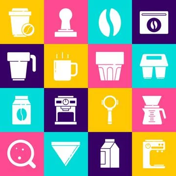 Set Coffee machine, Pour over coffee maker, cup to go, beans, and Glass with Ilustración de archivo