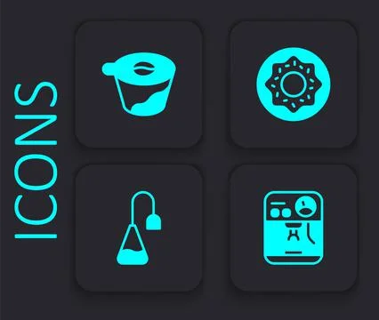Set Coffee machine, Pour over coffee maker, Donut and Tea bag icon. Black squ Ilustração Stock