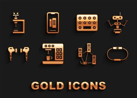 Set Coffee machine, Robot, Smartwatch, Computer network, Air headphones, Pills 스톡 일러스트