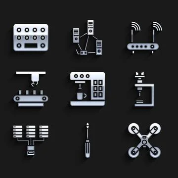 Set Coffee machine, Screwdriver, Drone flying, Microscope, Server, Data, Web Stock Illustration