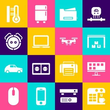 Set Coffee machine, Smart Tv, Warehouse, Printer, Laptop, Robot vacuum cleaner Stock Illustration