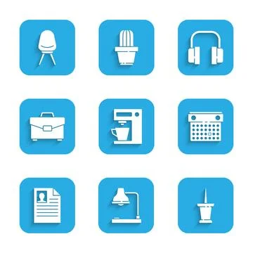 Set Coffee machine, Table lamp, Push pin, Calendar, Resume, Briefcase Stock Illustration