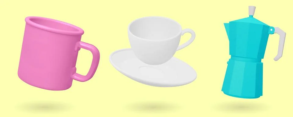 Set of coffee maker, camping mug and cup isolated on blue background. 3D render Stock Illustration