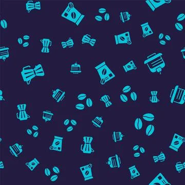 Set Coffee maker moca pot, Piece cake, Bag coffee beans and on seamless pattern Illustrazione stock