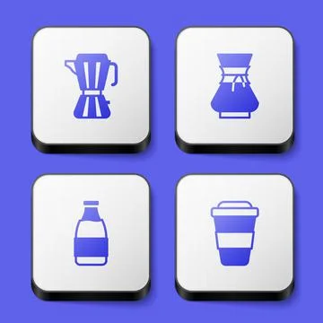 Set Coffee maker moca pot, Pour over coffee, Milk bottle and cup to go icon.  Ilustración de archivo