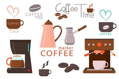 Set coffee maker vector illustration isolated on white background. Lettering  Stock Illustration