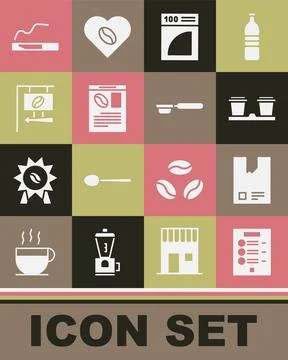 Set Coffee menu, Bag coffee beans, cup to go, paper filter, Newspaper and Illustration
