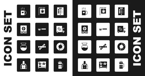 Set Coffee menu, filter holder, Electronic coffee scales, cup and heart, street Ilustração Stock
