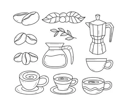 Set of Coffee Objects Outline Set Collection, Coffee Elements Line art or o.. Stock Illustration