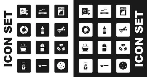 Set Coffee paper filter, Bottle water, Donut with sweet glaze, street truck.. Illustration