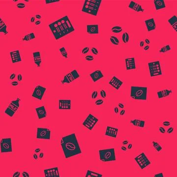 Set Coffee poster, menu, Bottle with milk and beans on seamless pattern. Vector Stock Illustration