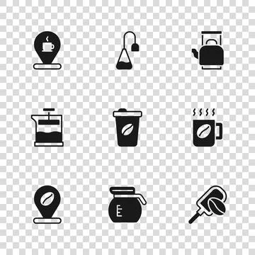 Set Coffee pot, cup, Spatula with coffee grain, to go, Kettle handle, Locat.. Illustration