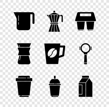 Set Coffee pot, moca, cup to go, Bag coffee beans, Pour over maker and  ico.. Ilustración de archivo
