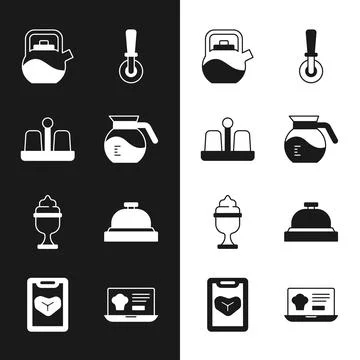 Set Coffee pot, Salt and pepper, Kettle with handle, Pizza knife, Ice cream in Illustration