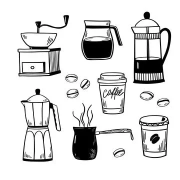 Set of coffee pots, coffee cups, grinder and percolator. Isolated design el.. Stock Illustration