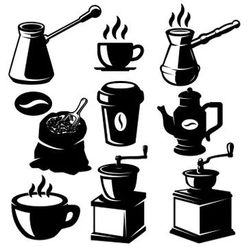 Set of coffee shop design elements. coffee beans, cups, milns. Design element Illustrazione stock