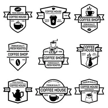 Set of coffee shop emblems. Design elements for logo, label, sign, badge. Vec Illustrazione stock