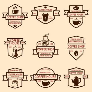 Set of coffee shop emblems. Design elements for logo, label, sign, badge. Vec Illustrazione stock