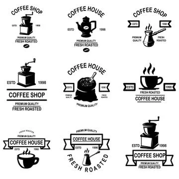 Set of coffee shop emblems. Design elements for logo, label, sign, badge. Vec Illustrazione stock