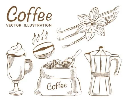 Set of coffee sketches hand drawing vector Stock Illustration