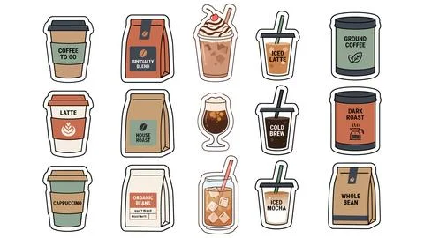 Set of Coffee Stickers with Various Coffee Drinks and Labels for Messaging Stock Illustration