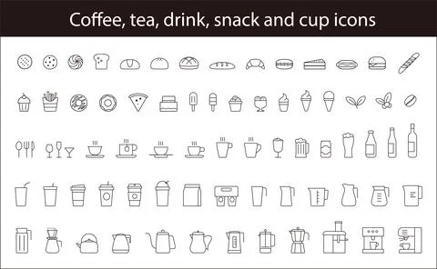Set of Coffee, Tea, Drink, Snack, and Cup. vector Stock Illustration