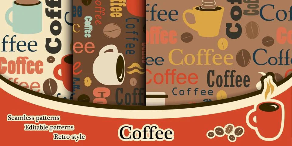 A set of coffee textures in a flat style. Textures with text. Coffee seamless Stock Illustration