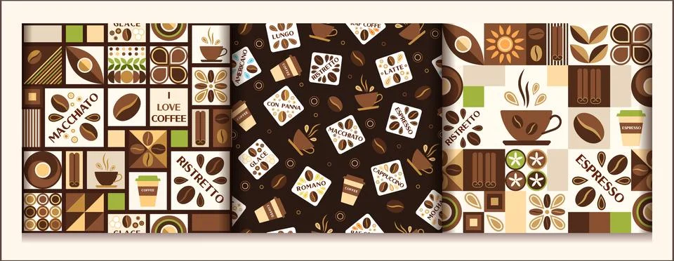Set of coffee theme patterns with design elements in simple geometric style. Stock Illustration