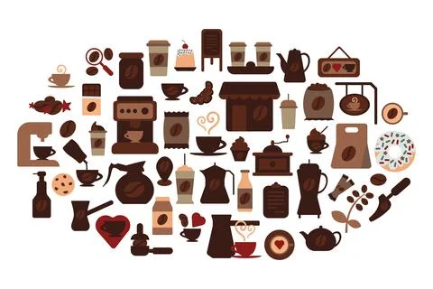 Set of coffee-themed elements in solid cartoon style 스톡 일러스트