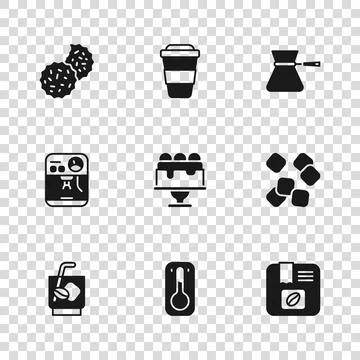Set Coffee thermometer, Sugar cubes, Bag coffee beans, Cake, turk, Cookie o.. Stock Illustration