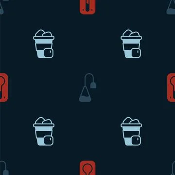 Set Coffee thermometer, Tea bag and Iced coffee on seamless pattern. Vector Illustrazione stock