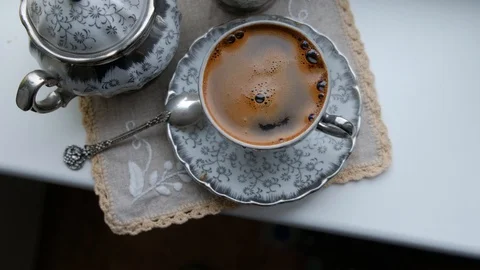 Set for coffee at a window 4K video. Top view. Stock Footage 102277029