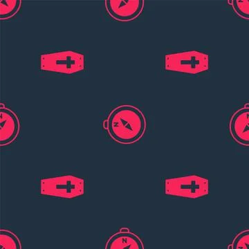 Set Coffin with cross and Compass on seamless pattern. Vector Stock Illustration