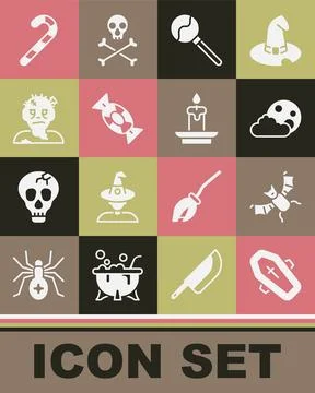 Set Coffin with cross, Flying bat, Moon and stars, Lollipop, Candy, Zombie mask Stock-Illustration