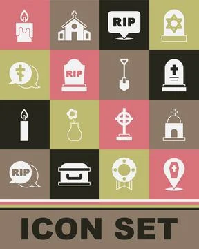 Set Coffin with cross, Old crypt, Grave tombstone, Speech bubble rip death Ilustración de archivo