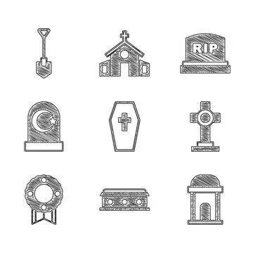 Set Coffin with cross, Old crypt, Grave, Memorial wreath, Muslim cemetery, .. Ilustración de archivo
