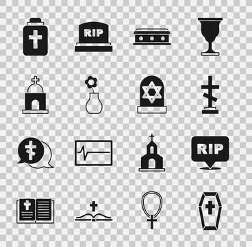 Set Coffin with cross, Speech bubble rip death, Grave, Flower vase, Old crypt Ilustración de archivo