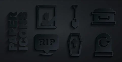 Set Coffin with cross, Speech bubble rip death, Muslim cemetery, Shovel and Illustrazione stock