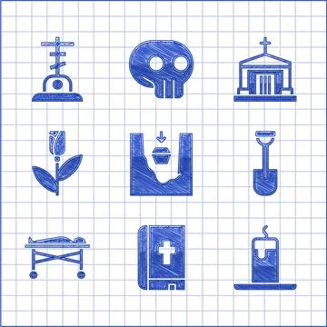 Set Coffin in grave, Holy bible book, Burning candle, Shovel, Dead body the m Stock Illustration