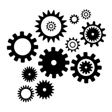 Set cogwheel silhouette pattern, isolated white color background. Techno vect Stock Illustration