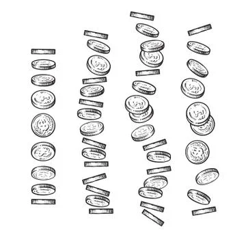 Set of coins falling in different perspective, angles, directions in sketch Stock Illustration