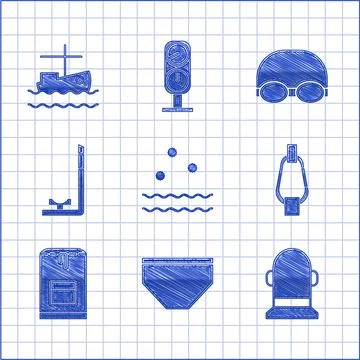 Set Cold and waves, Swimming trunks, Buoy, Carabiner, Backpack, Snorkel, Glasses Stock Illustration