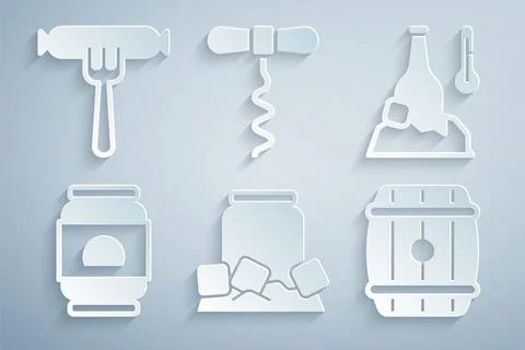 Set Cold beer can, bottle, Beer, Wooden barrel, Wine corkscrew and Sausage on Ilustração Stock