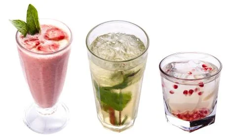 A set of cold drinks. Lemonade and smoothies. On a white background Stock Photos