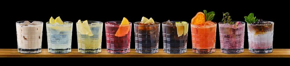 Set of cold refreshing drinks on black background Stock-Fotos